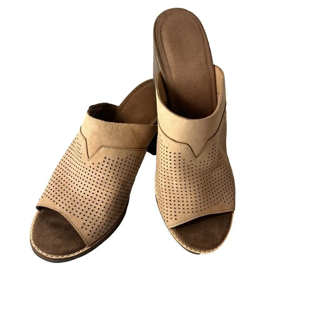 TOMS Tan Leather Block Heeled Sandals Women's 10 Slip On Open Toe Comfort Casual